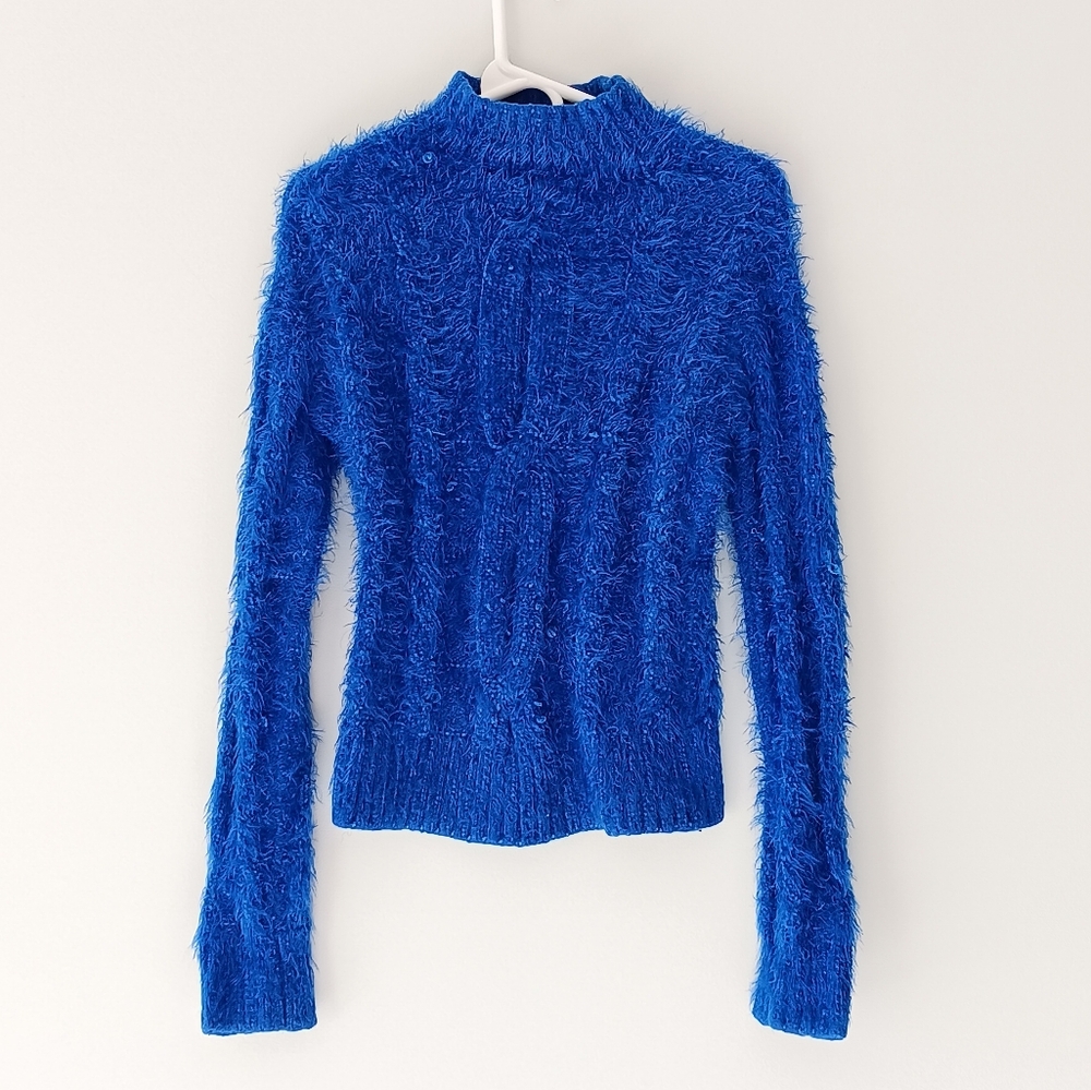 Lovers + Friends Sweater MockNeck Eyelash Chunky Cable Bright Blue Extra Small